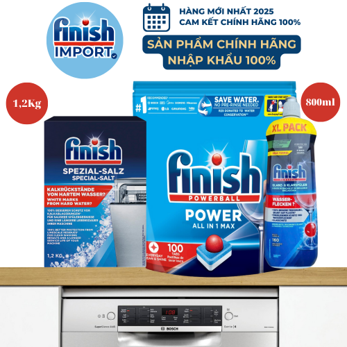 (Combo 3 món XXXL) 1 Túi 100 viên rửa chén Finish All in 1 + 1 Chai 800ml Finish + 1 Hộp 1,2Kg muối Finish (Làm mềm nước).